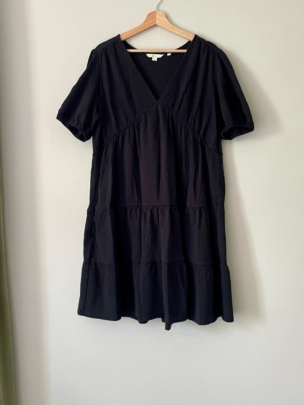 Boden Black Cotton Seersucker V-Neck Tiered Dress 12L